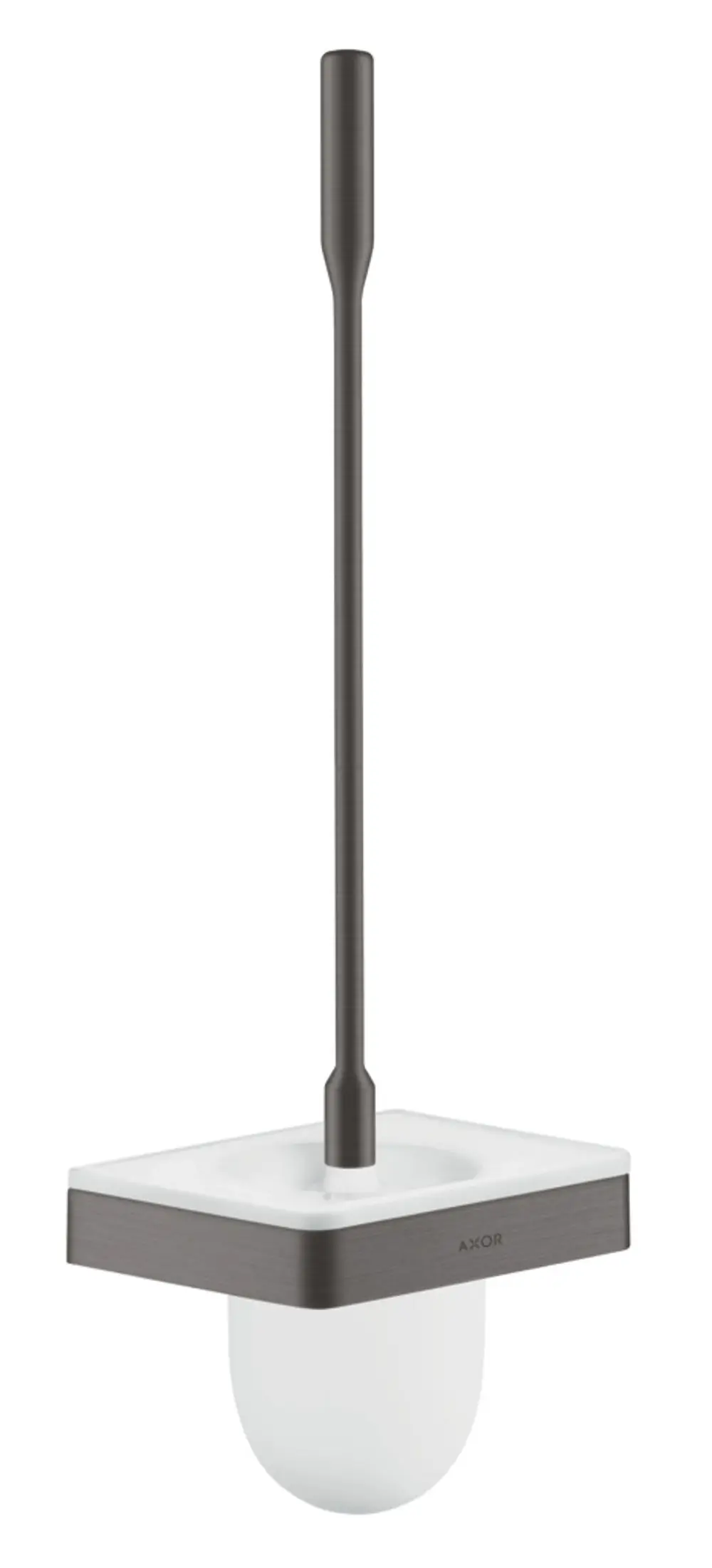 Toilettenbürstenhalter für die Wandmontage in Brushed Black Chrome von AXOR. Mit einem quadratischen weißen Behälter und einem langen, schmalen Griff.